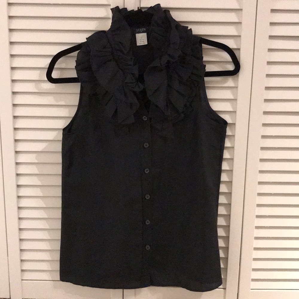 J Crew silk top with ruffles. Size 0. Black